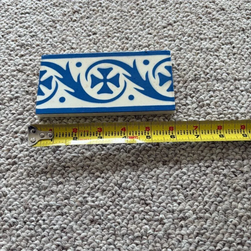 Rare Blue White Border Tile | Vintage Architectural Salvage Kitchen Decor - Picture 7 of 8
